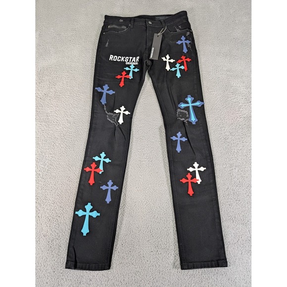 Rockstar Jeans Mens 32 Black Brody Patchwork Ultra Slim Cross‎ Distressed Denim - Picture 1 of 12